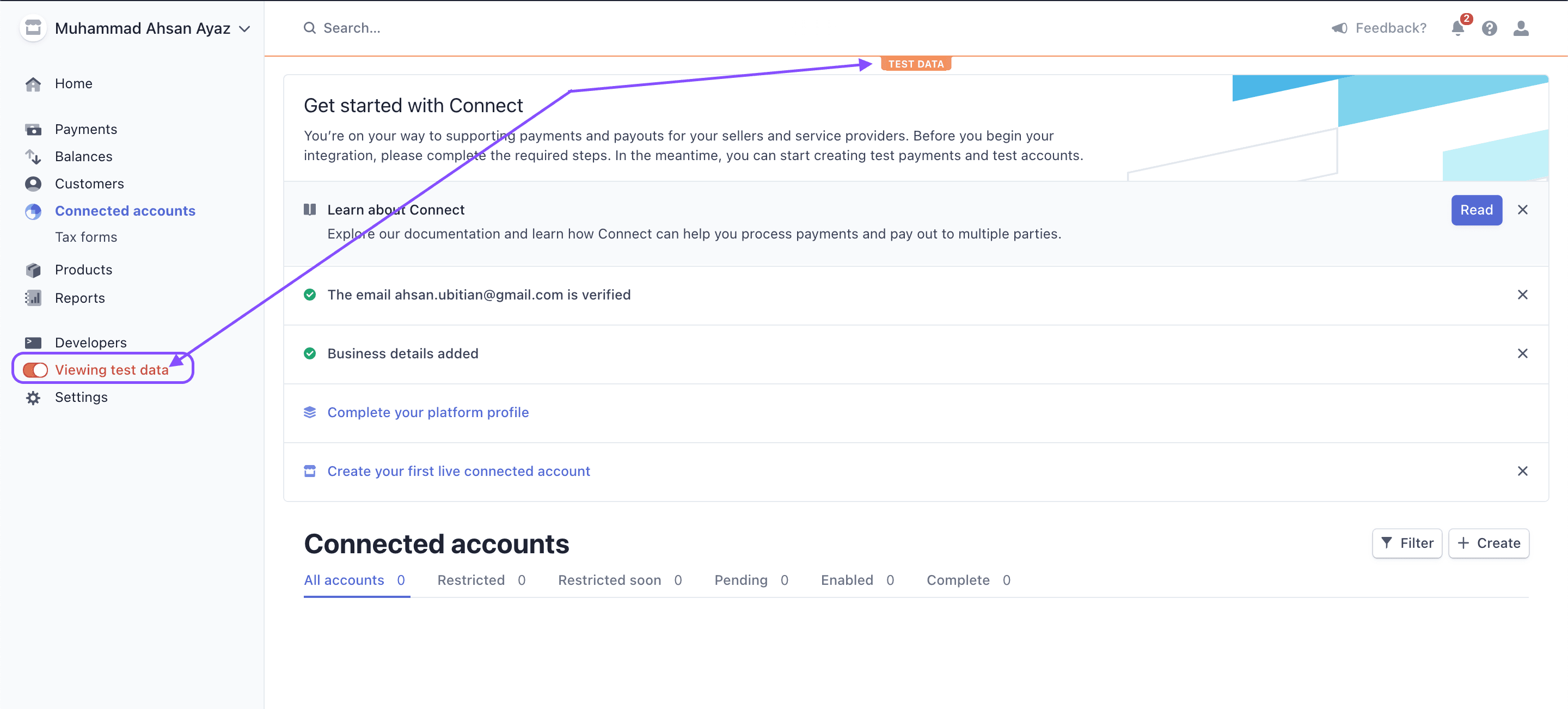 View test data in stripe dashboard